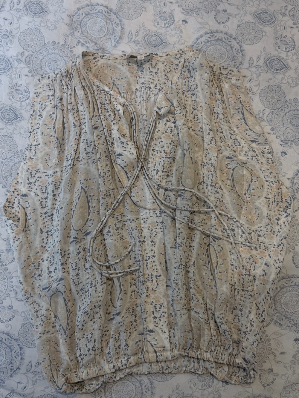 Lucky Brand Cream and Blue Floral Tie-Neck Blouse